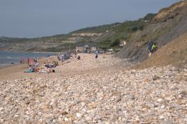 Hanne on the
right, looking for fossils at Charmouth Beach.  Heritage Coast Center
in the back.